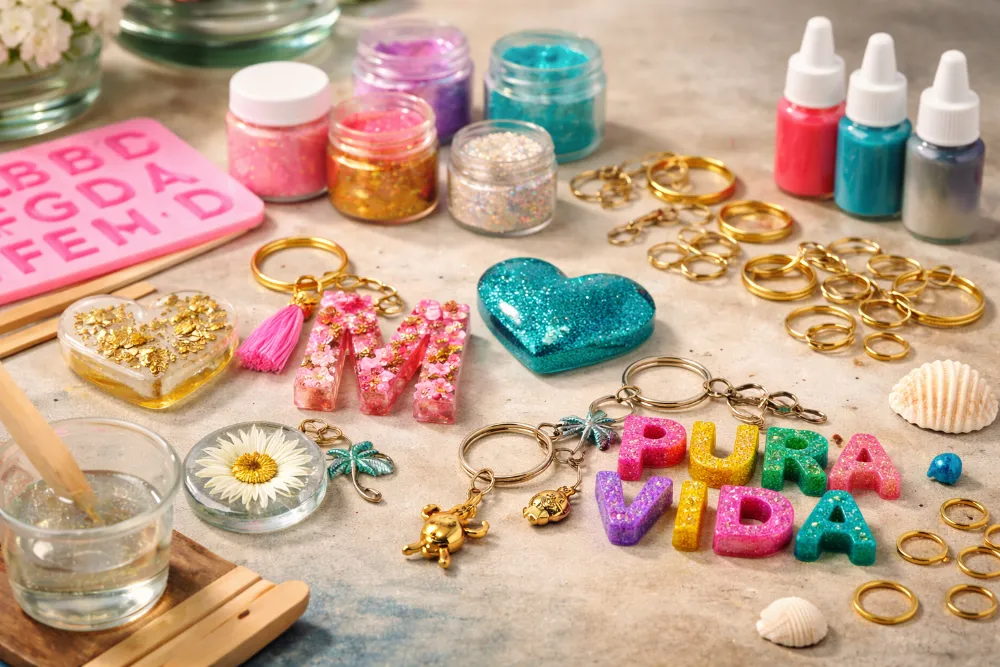 llaveros personalizados en resina epoxica con moldes glitter y accesorios para manualidades en Costa Rica